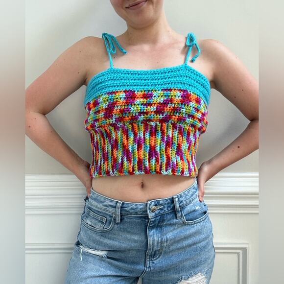 Handmade Crochet Adjustable Tie Strap Crop Top 100% Recycled Rainbow Tank Cami L - Picture 13 of 13